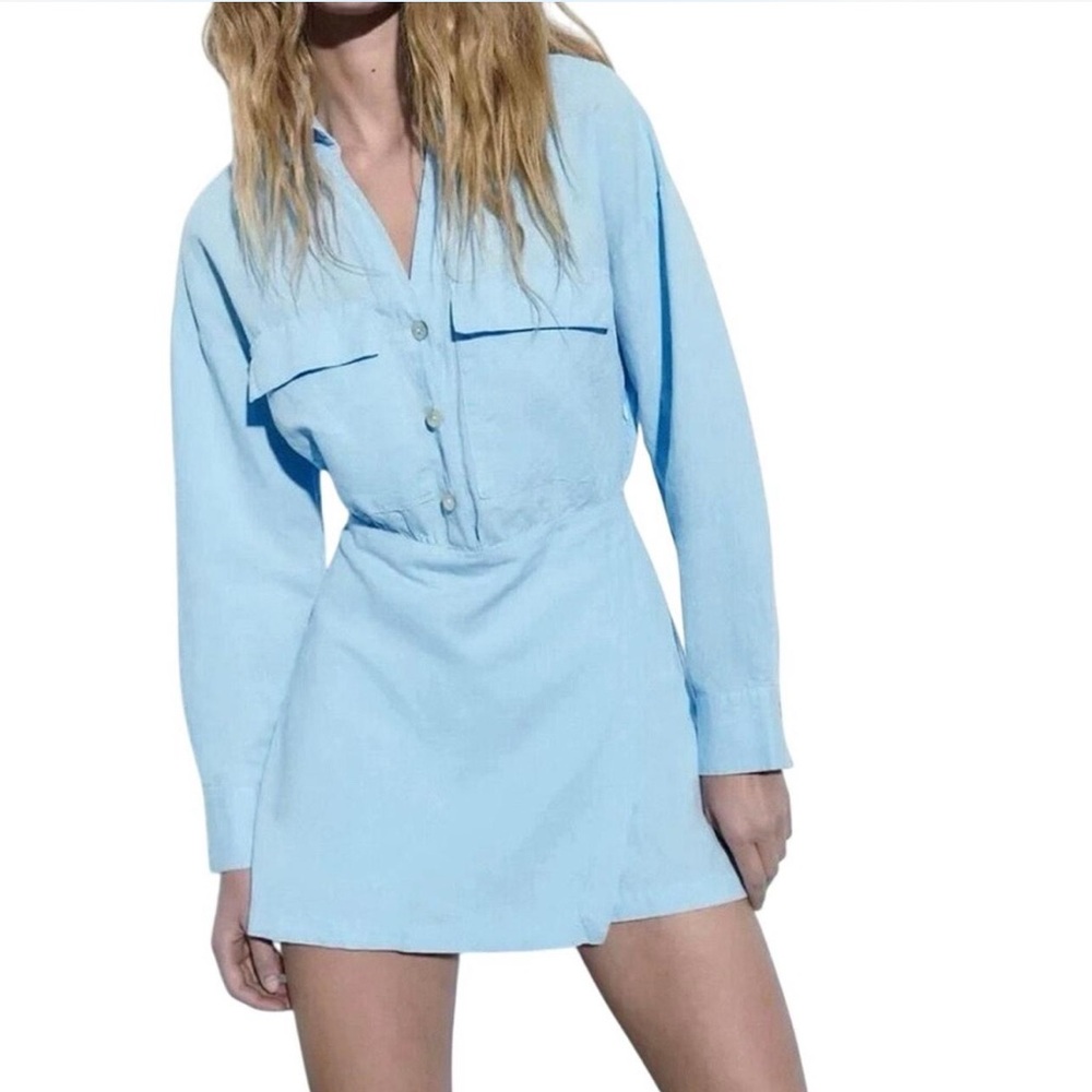 Zara Light Blue Skort Button-Up Dress